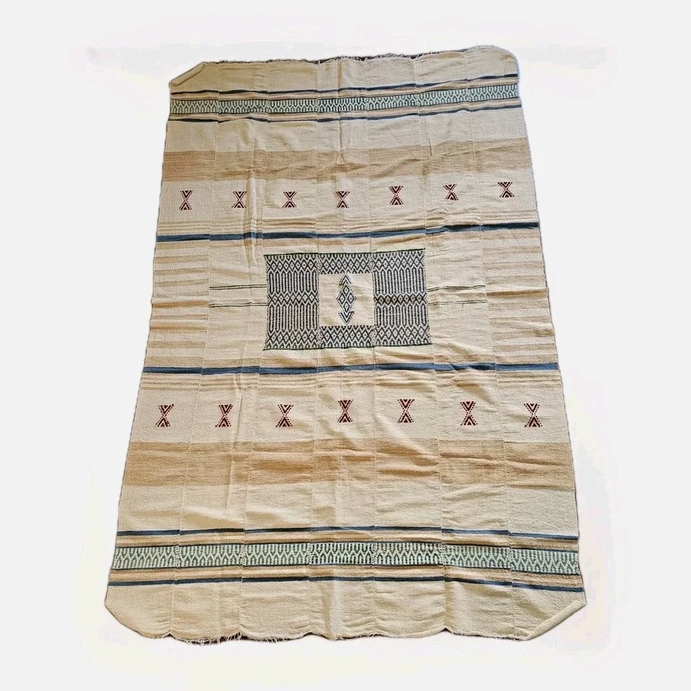 Vtg Handmade Rug 48x63 Blanket Homespun Tribal Native Woven Fringe Wall Hanging